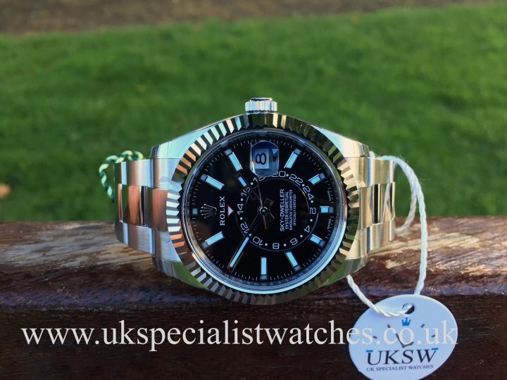 UK Specialist Watches have a 2017 stainless steel new model sky-dwelller with a black dial.