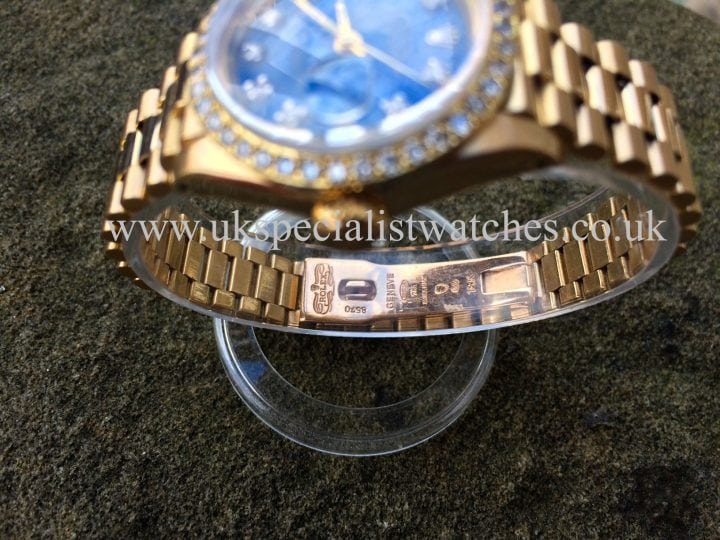 UK Specialist Watches have a wonderful Rolex Lady Datejust 18ct Gold president with a Diamond set bezel