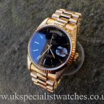 UK Specialist Watches have an 18ct Gold Black Dial Rolex Day-Date President 18238, full set 1993.