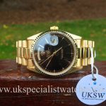 UK Specialist Watches have an 18ct Gold Black Dial Rolex Day-Date President 18238, full set 1993.