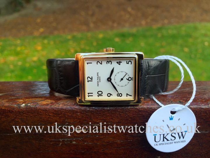 UK Specialist Watches have a rare Patek Philippe Gondolo 5010 in 18ct Gold with a black alligator strap.
