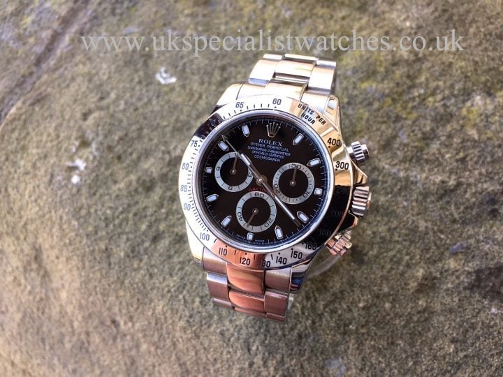 UK Specialist Watches have a immaculate Steel Rolex Daytona Cosmograph with a Black Dial - 116520