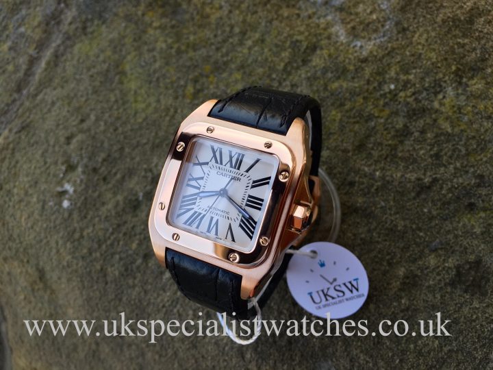 UK Specialist Watches have a solid 18ct Rose Gold Cartier Santos with a white dial - W20108Y - Black Croc Strap.