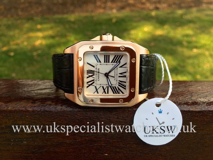 UK Specialist Watches have a solid 18ct Rose Gold Cartier Santos with a white dial - W20108Y - Black Croc Strap.