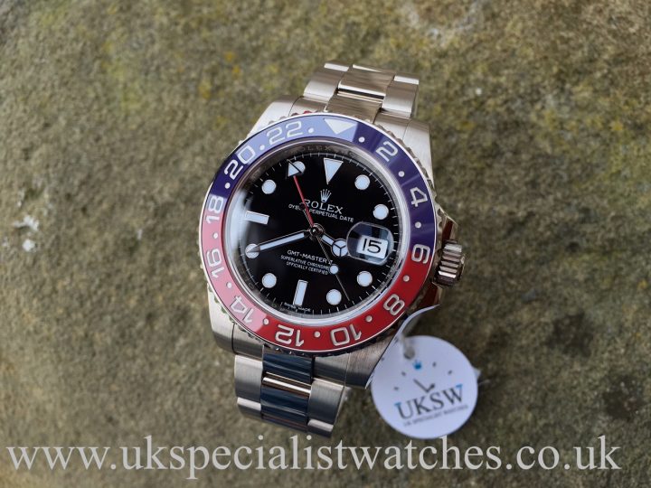 UK Specialist Watches have a White Gold GMT Master II with a pepsi bezel - 116719BLRO