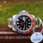 UK Specialist Watches have a White Gold GMT Master II with a pepsi bezel - 116719BLRO