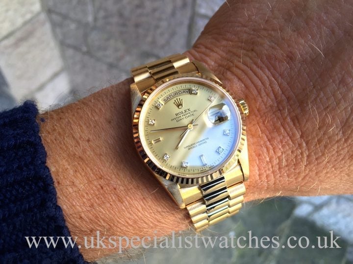 UK Specialist Watches have a stunning Rolex DayDate President with a factory Diamond & baguette Dial - 18238