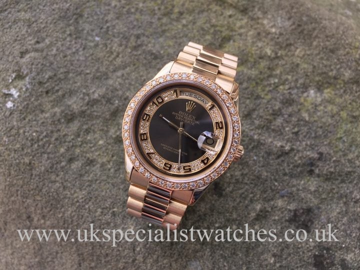 UK Specialist Watches have a very special Rolex Day Date President in 18ct Gold with a Diamond set dial and bezel – 118208