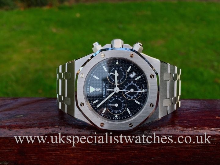 Uk Specialist Watches have a stainless steel audemars piguet royal oak chronograph with a blue mega tapestrie dial.
