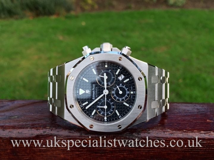 Uk Specialist Watches have a stainless steel audemars piguet royal oak chronograph with a blue mega tapestrie dial.