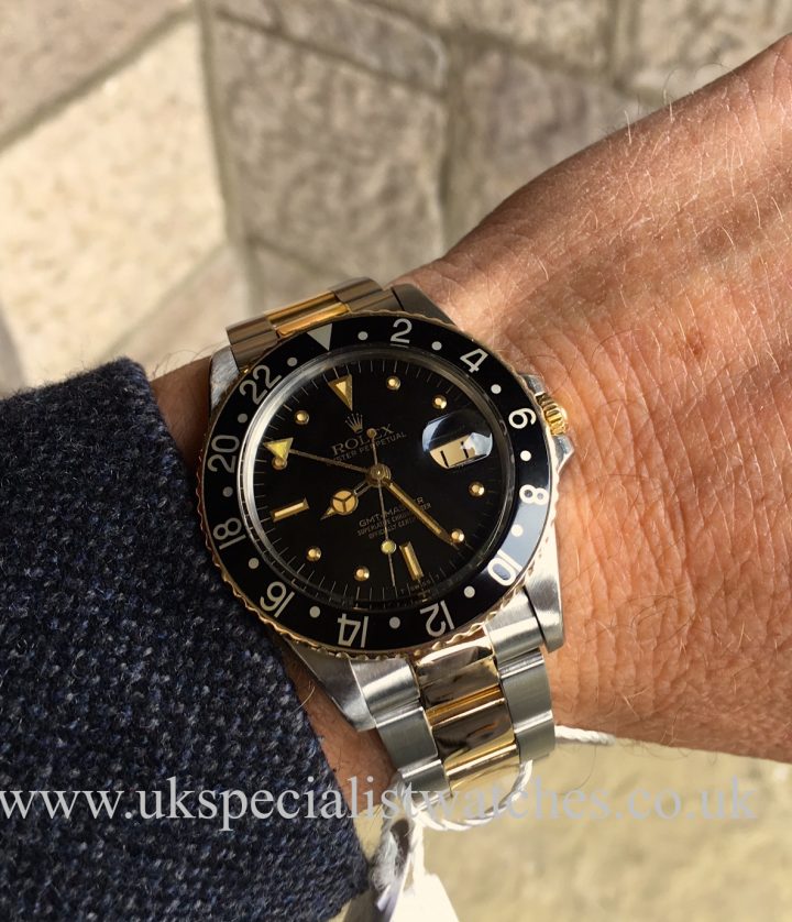 UK Specialist Watches have a rare vintage 1981 Rolex 16753 GMT Master with a Black Gilt Nipple dial .