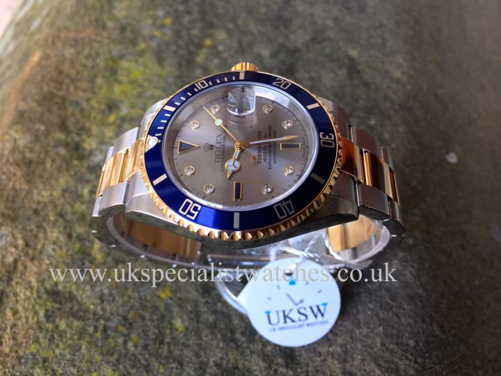 UK Specialist Watches have a rare Rolex submariner 16613 with a rhodium diamond sapphire dial.