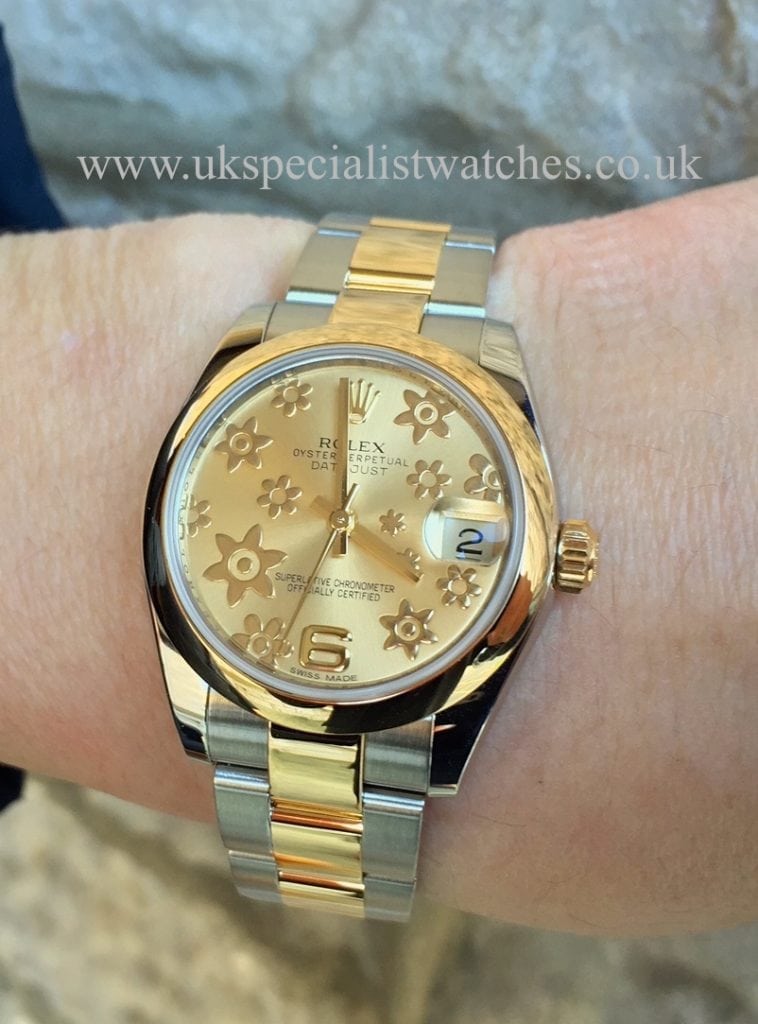 UK Specialist Watches have a midsize Rolex Datejust steel & gold with a champagne floral dial - 178243