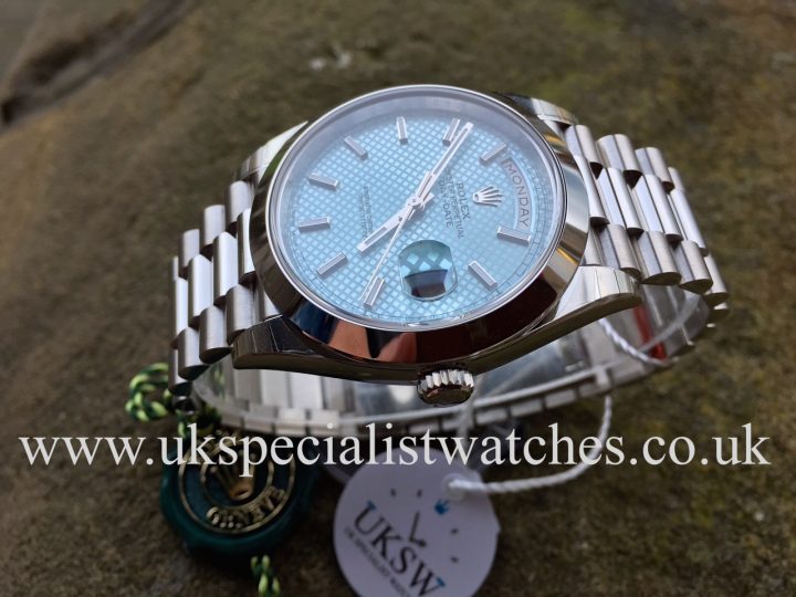 UK Specialist Watches have a Brand New 2016 Rolex Day-Date 40 Platinum with an Ice Blue Dial - 228206