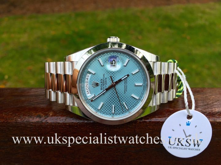 UK Specialist Watches have a Brand New 2016 Rolex Day-Date 40 Platinum with an Ice Blue Dial - 228206