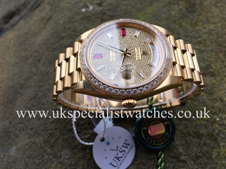 UK Specialist Watches have a rare Rolex day-Date 40 with a factory diamond pave dial and bezel 228348RBR UNUSED