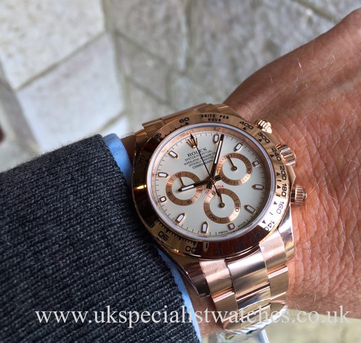 UK Specialist Watches have an 18ct Rolex Daytona in Everose Gold with an ivory white dial - 116505