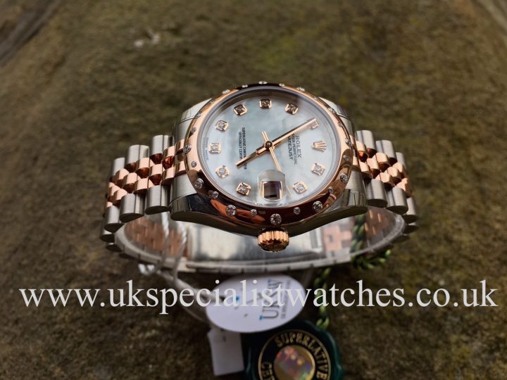 UK Specialist Watches have a Ladies Mid-size Rolex Datejust steel and 18ct rose gold with a factory mother of pearl dial and bezel - UNWORN UNUSED - 178341