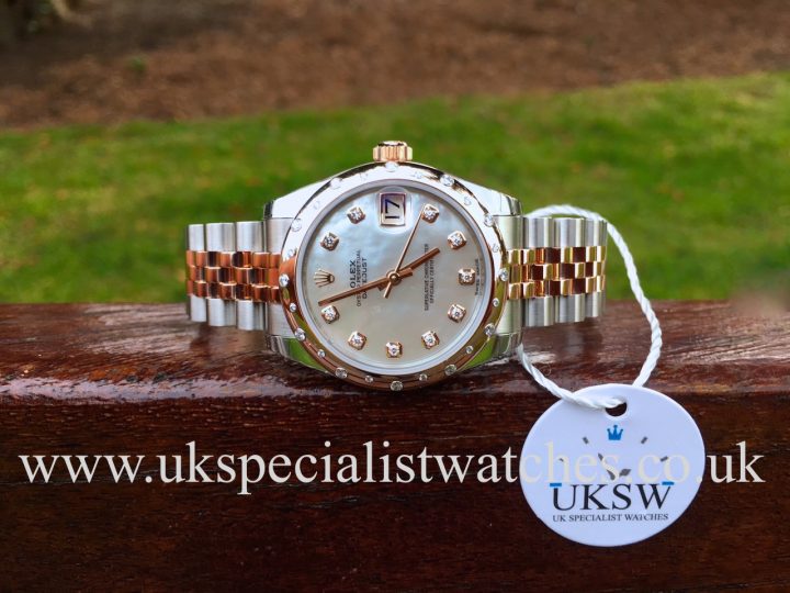 UK Specialist Watches have a Ladies Mid-size Rolex Datejust steel and 18ct rose gold with a factory mother of pearl dial and bezel - UNWORN UNUSED - 178341