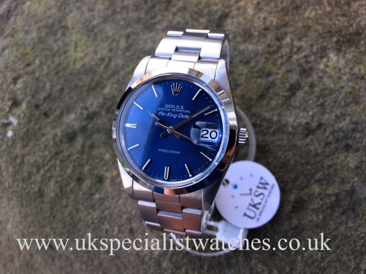 UK Specialist Watches have a Rare Rolex Air-King date 5700 with a blue dial, complete with box and papers.