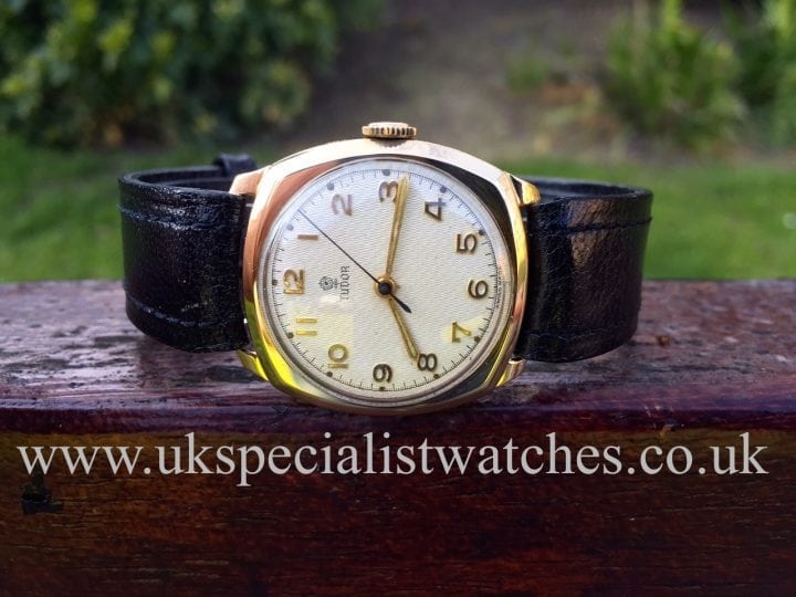 UK Specialist Watches have a beautiful 1940s Vintage Tudor Rolex in stock with a 9k Gold cushion case.
