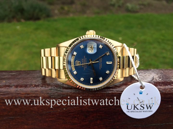 UK Specialist Watches have a factory blue diamond dial Rolex DayDate President 18238