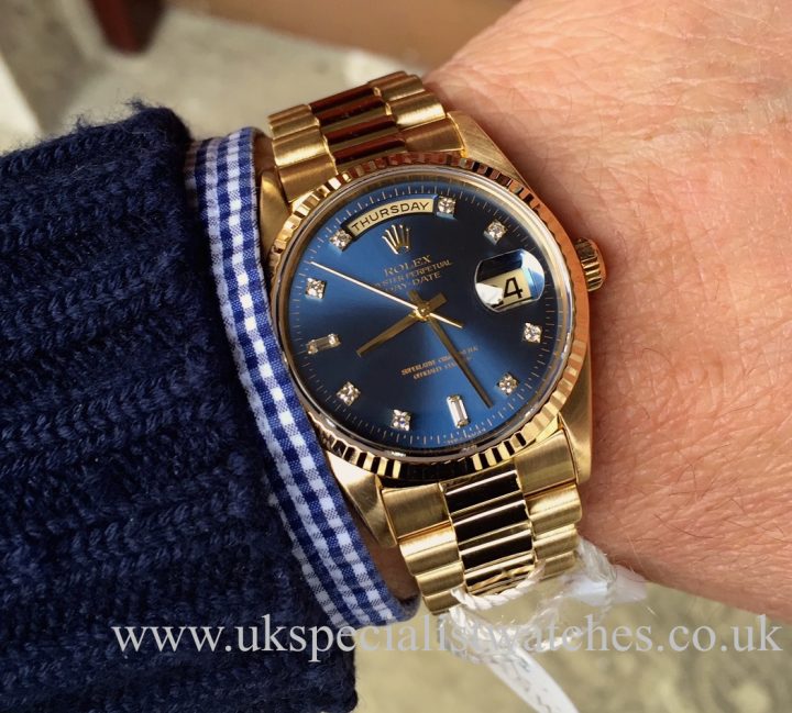 UK Specialist Watches have a factory blue diamond dial Rolex DayDate President 18238