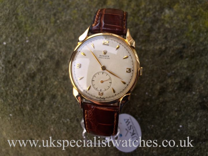 UK Specialist Watches have a rare 9K Vintage Rolex Precision from 1949 with fancy horn lugs.