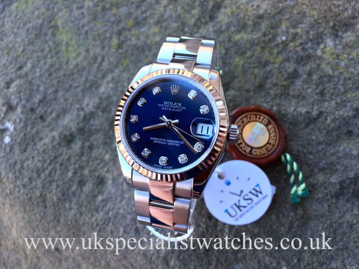 UK Specialist Watches have a beautiful ladies Rolex Mid-Size Datejust 31mm with a factory blue diamond dial - 178274