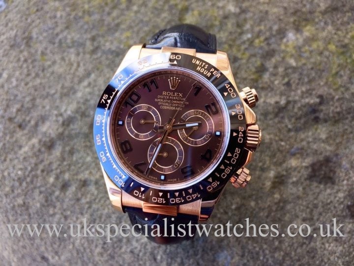 UK Specialist Watches have a 2015 new model Rose Gold Rolex Daytona with a Chocolate Dial-Ceramic bezel- 116515LN