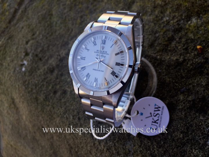 UK Specialist Watches have a stainless steel Rolex AirKing Engine Turned Bezel - White Roman Dial - R14010