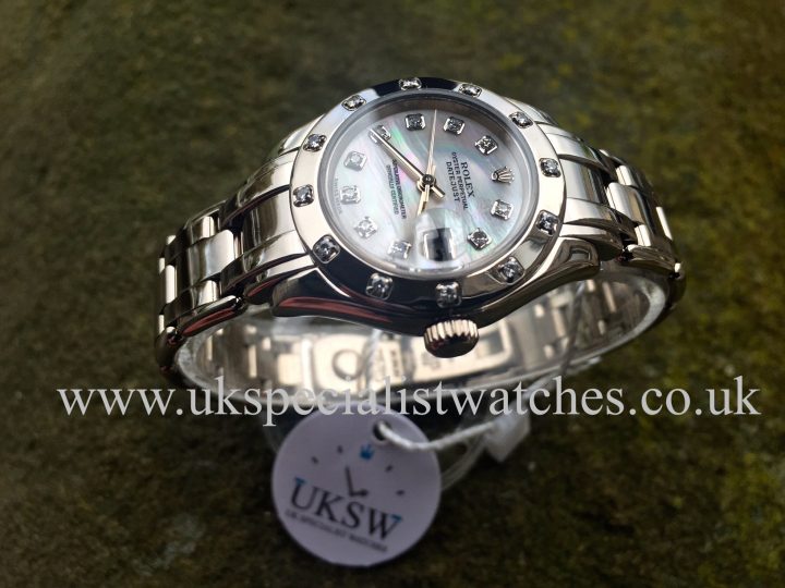 UK Specialist Watches have a stunning ladies Rolex Pearlmaster in 18ct White Gold Masterpiece with a mother of pearl Diamond Dial - 80319