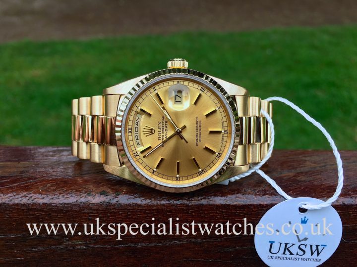 UK Specialist Watches have a Rolex Day-Date President in 18ct Yellow gold with a champagne dial 18238