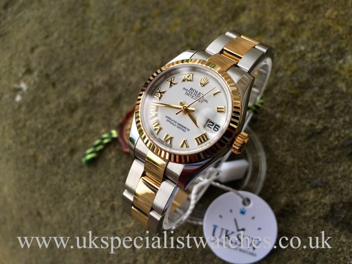 UK Specialist Watches have a Rolex Lady Datejust in steel & 18ct Gold on a oyster bracelet 179173 with a white Roman Dial