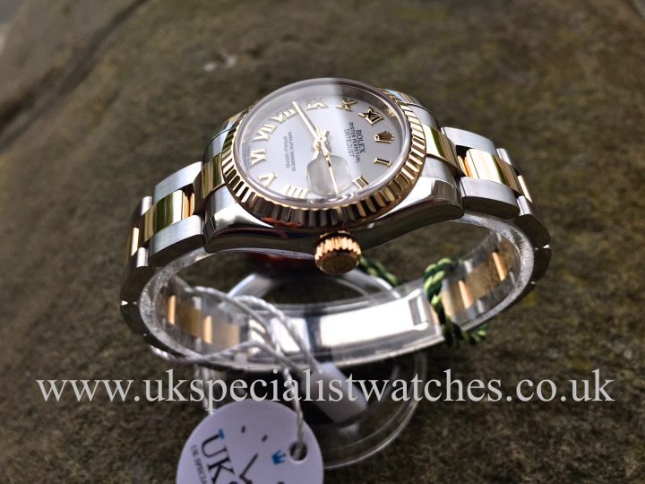UK Specialist Watches have a Rolex Lady Datejust in steel & 18ct Gold on a oyster bracelet 179173 with a white Roman Dial
