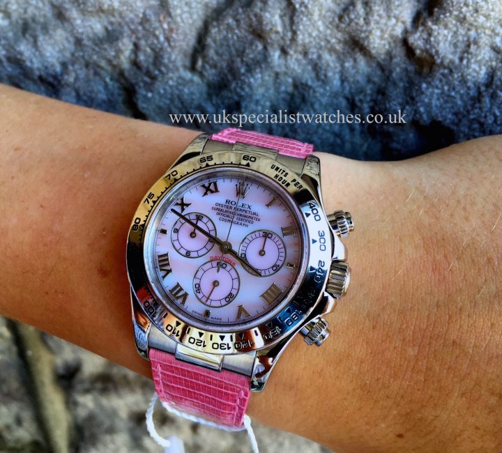 UK Specialist Watches have a rare Rolex Daytona Beach Limited edition in 18ct White Gold with pink mother of pearl dial - 116519