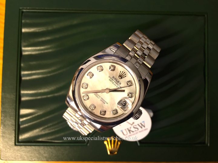 UK Specialist Watches have a Rolex Datejust Midsize 31mm with a mother of pearl diamond dial 178240.