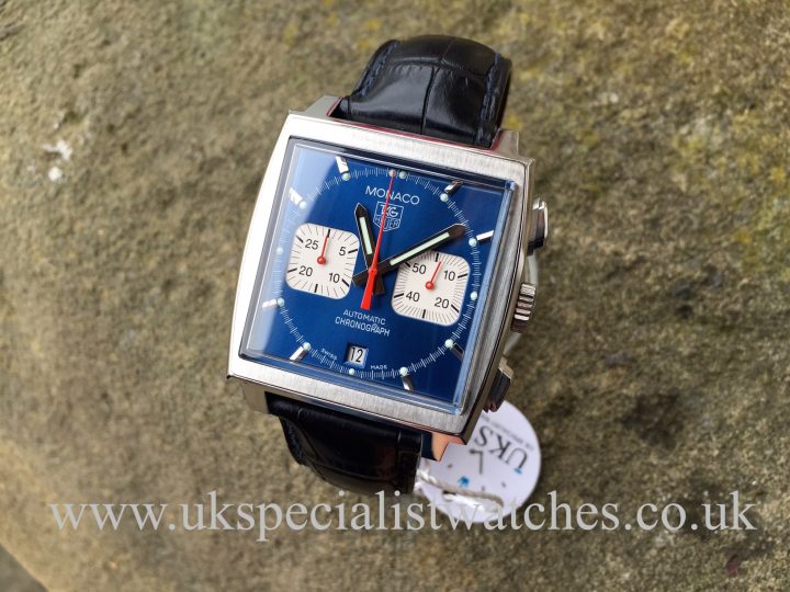 UK Specialist Watches have a Tag Heuer Monaco Chronograph Steve McQueen edition with a blue dial CW2113-0