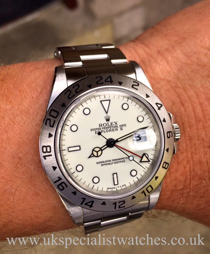 UK Specialist Watches have a absolutely pristine Rolex Explorer II with a White/Creamy Dial - 16570