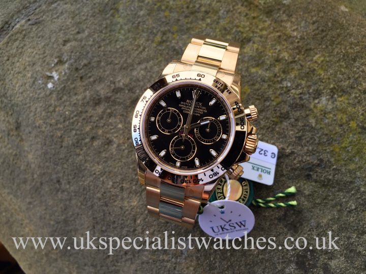 UK Specialist Watches have an unworn 18ct yellow gold Rolex Daytona 116508 with a black dial.