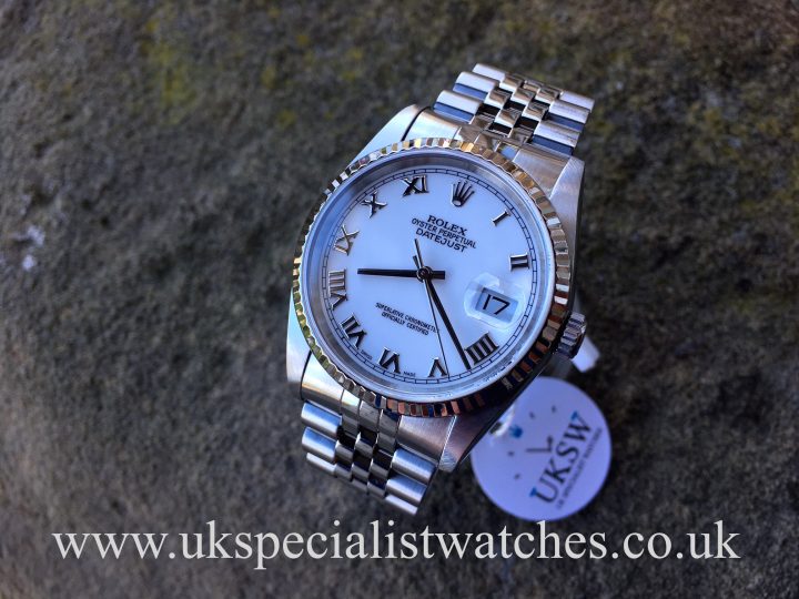 UK Specialist Watches have a Rolex Datejust 16234 with a 36mm stainless steel case and white roman dial.