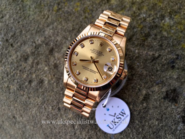UK Specialist Watches have a full set mid-size 31mm Rolex DateJust in solid 18ct Yellow Gold with a President bracelet complete with box and papers - 78278