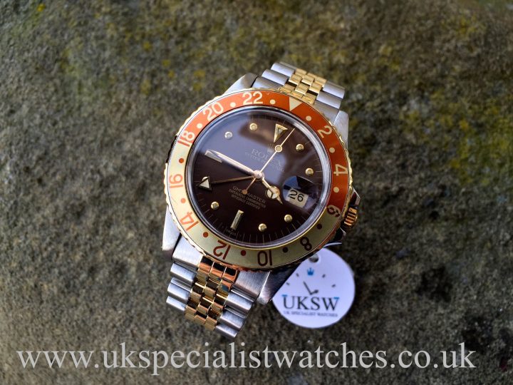 UK Specialist Watches have a full set vintage Rolex GMT Master Root Beer with the rare Nipple Dial-16753 dated from 1982