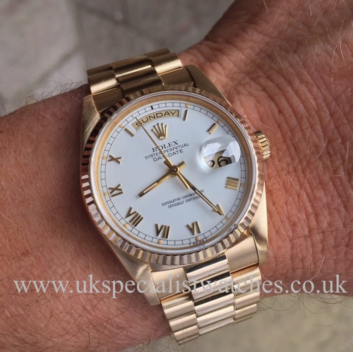 UK Specialist Watches have a Gents Rolex Day Date President with a white Roman numeral dial in 18ct yellow Gold – 18238 Box & Papers