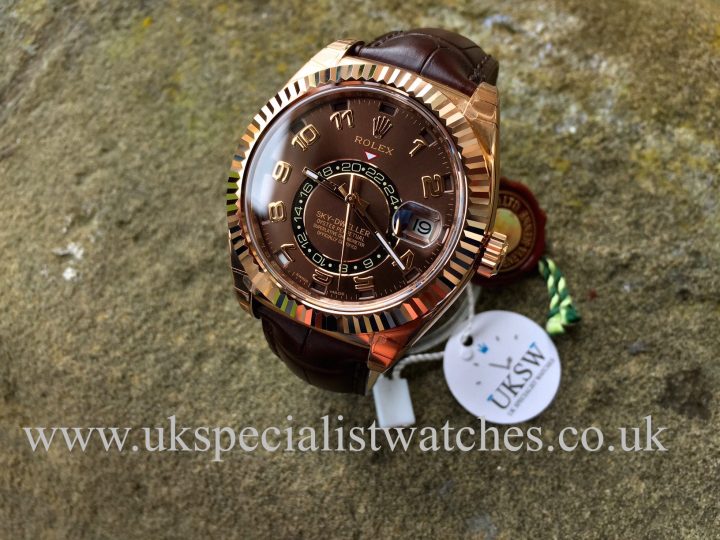 UK Specialist Watches have an unused 18ct Everrose gold Rose Sky-Dweller with a chocolate dial and croc strap - 326135