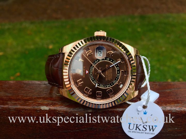 UK Specialist Watches have an unused 18ct Everrose gold Rose Sky-Dweller with a chocolate dial and croc strap - 326135