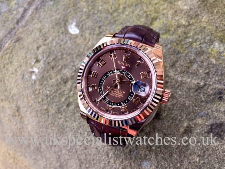 UK Specialist Watches have a new model Rolex Sky-Dweller Rose Gold with a Chocolate dial and Brown Croc Strap - 326135