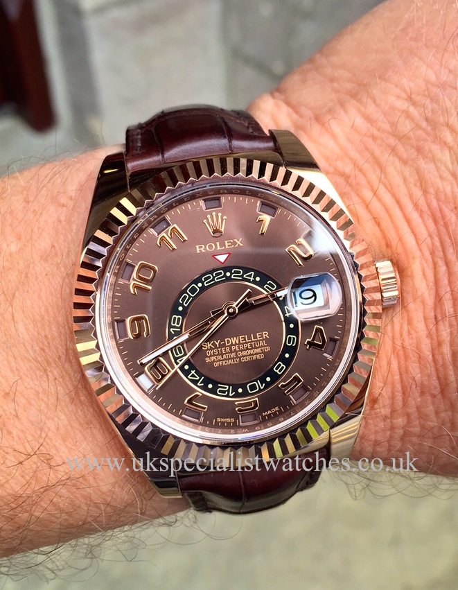 UK Specialist Watches have a new model Rolex Sky-Dweller Rose Gold with a Chocolate dial and Brown Croc Strap - 326135