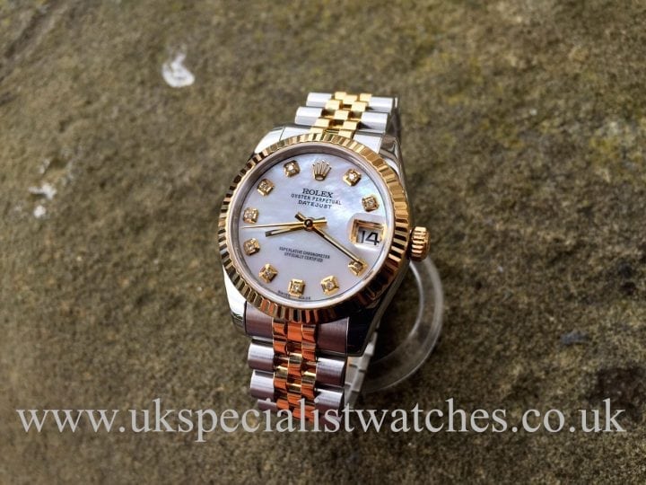 UK Specialist Watches have a stunning Ladies mid size Rolex Date-just in Steel & Gold with a Mother of Pearl Diamond Dial