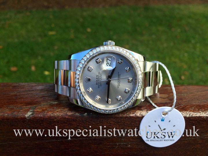 UK Specialist Watches have a Rolex Datejust In stainless steel with a factory diamond bezel and dial 116234